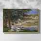 Front view of On the Bank of the Seine, Bennecourt, 1868 by Claude Monet in a natural wood floater framed canvas.