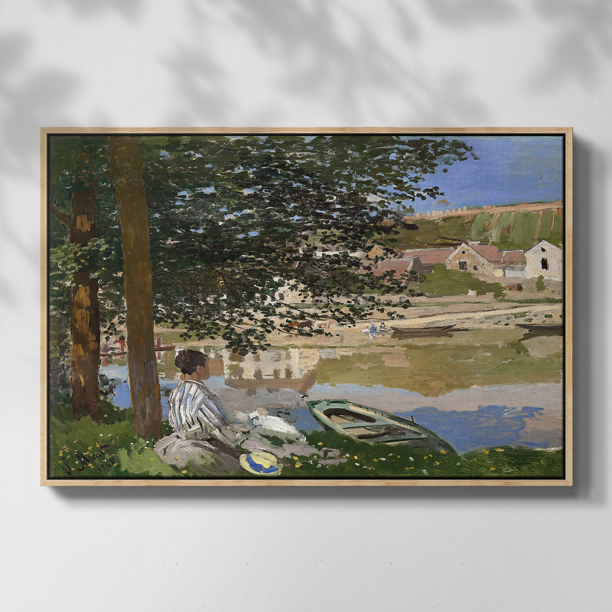 Front view of On the Bank of the Seine, Bennecourt, 1868 by Claude Monet in a natural wood floater framed canvas.