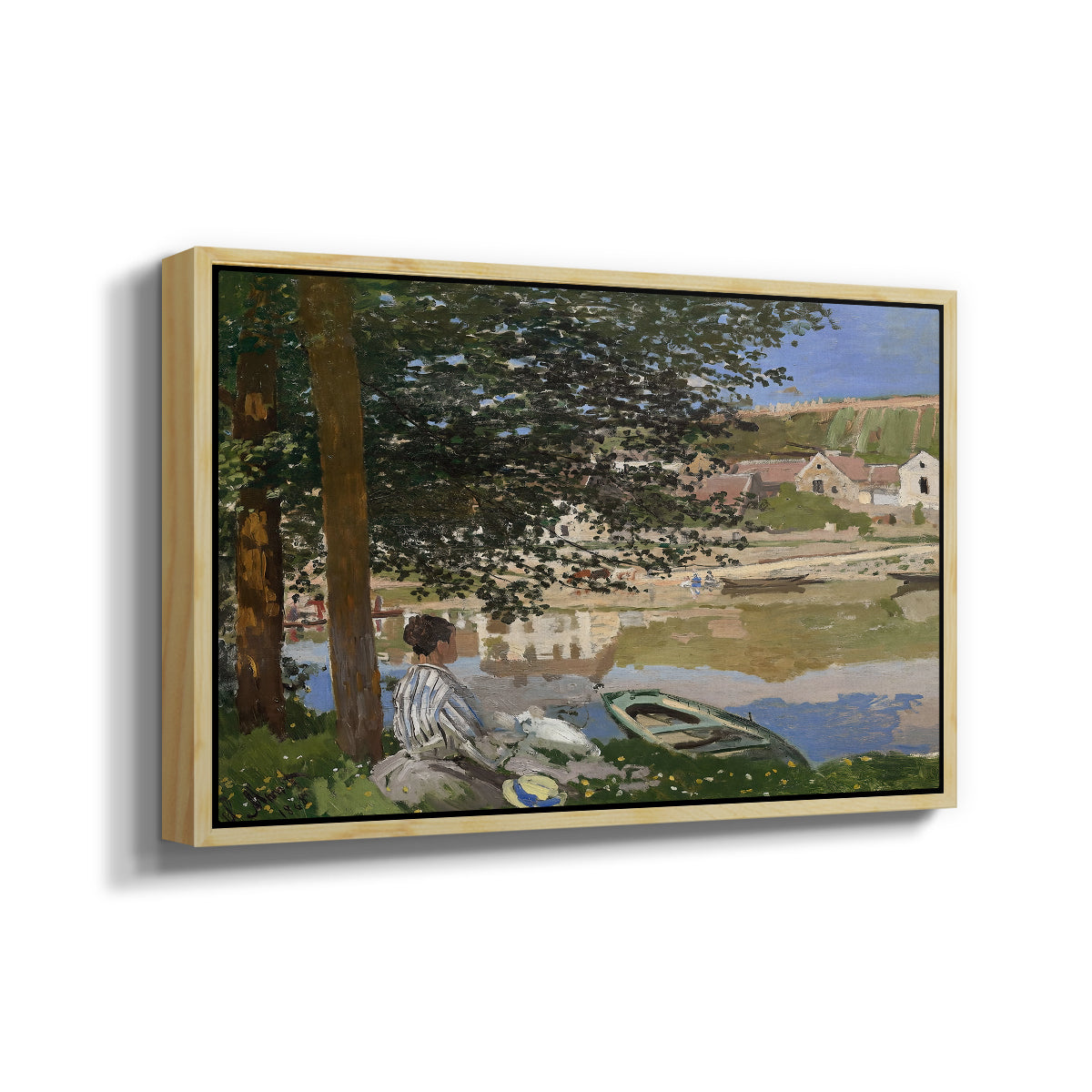 Angled view of On the Bank of the Seine, Bennecourt, 1868 by Claude Monet in a natural wood floater framed canvas.