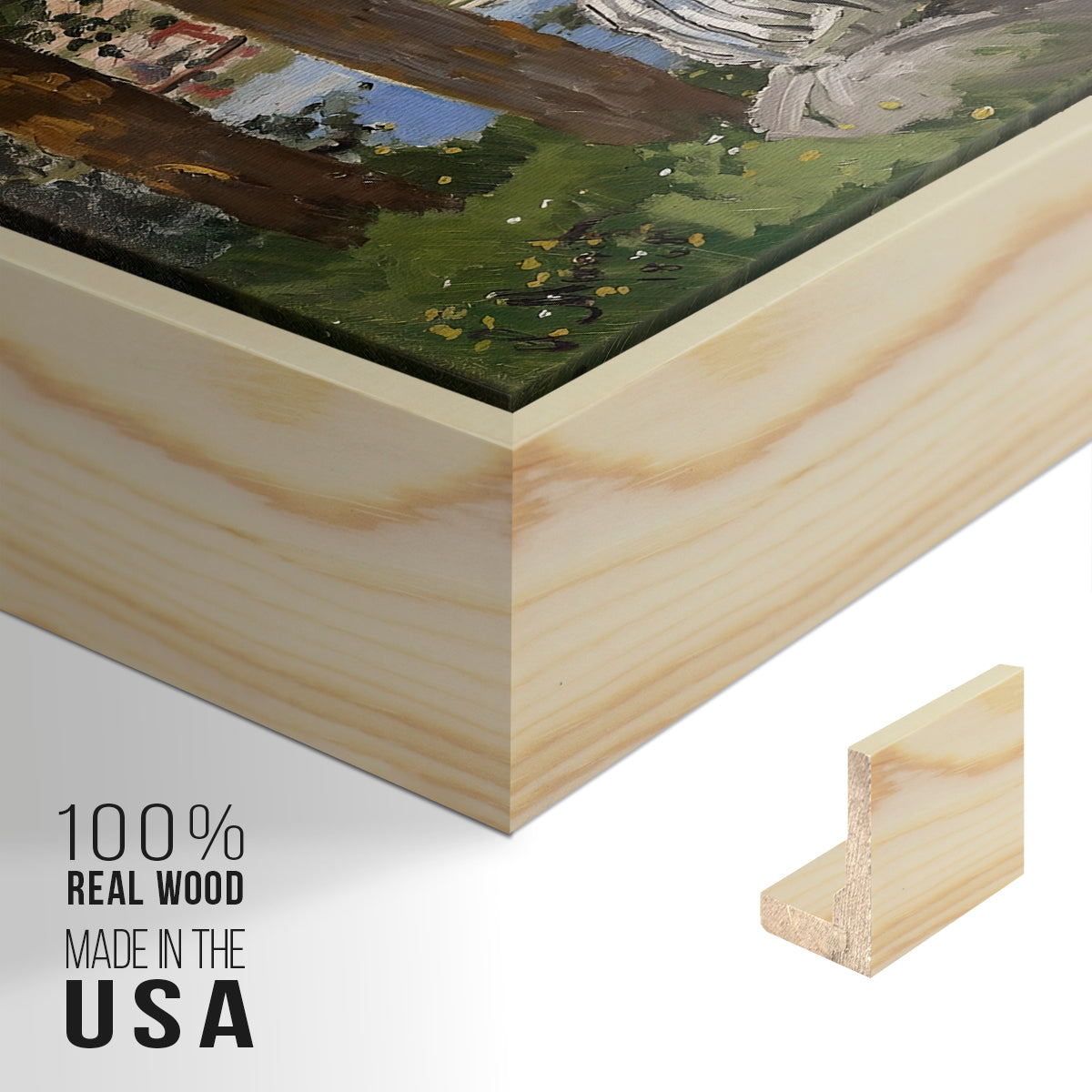 Close-up of the natural wood floater frame corner and gallery wrapped canvas construction.