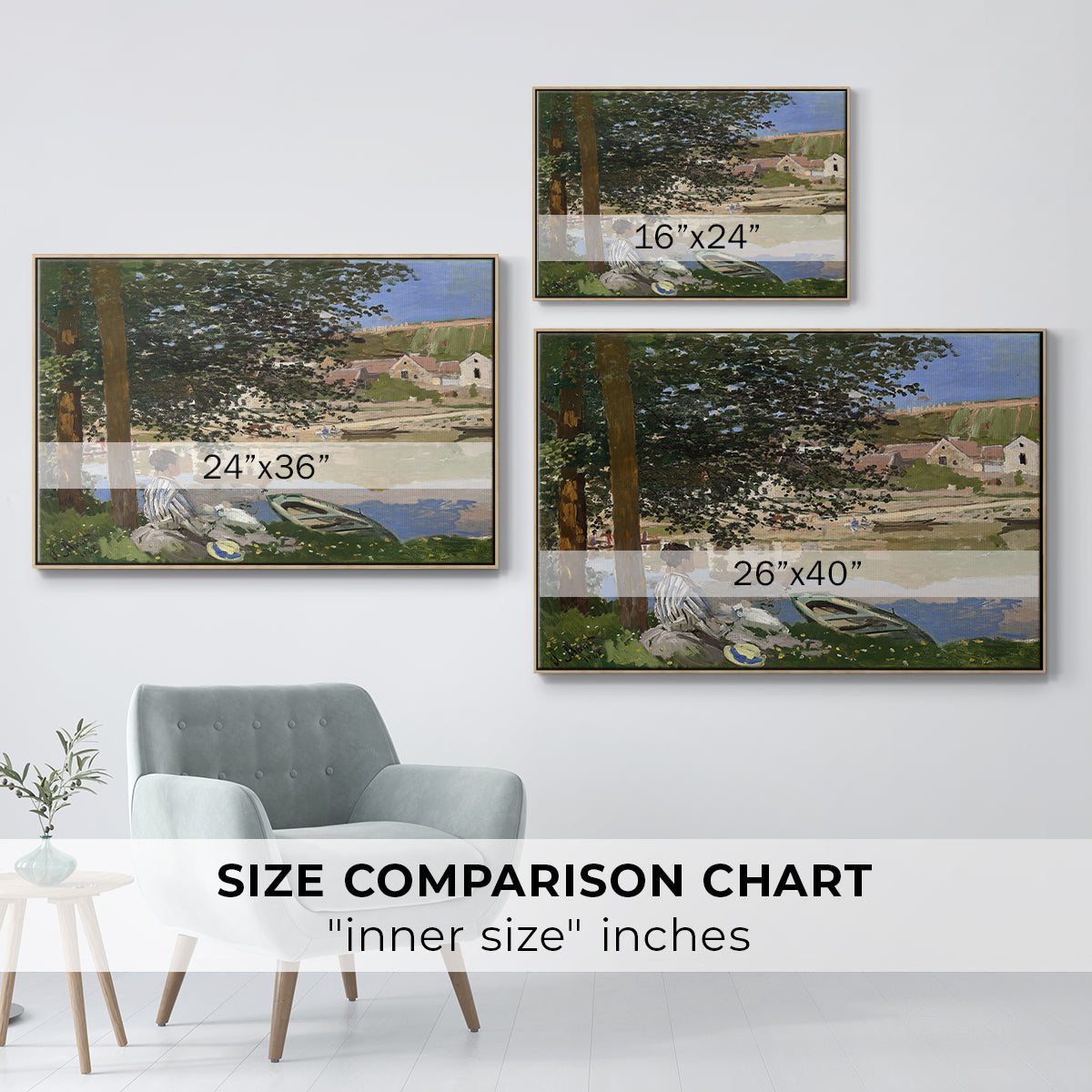 Size comparison chart for natural wood floater framed canvas featuring On the Bank of the Seine, Bennecourt, 1868 by Claude Monet.