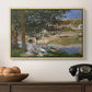 On the Bank of the Seine, Bennecourt, 1868 by Claude Monet in a natural wood floater framed canvas displayed above a console table in a hallway, featuring a quiet outdoor setting with figures near river under foliage.