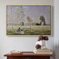 Natural wood floater framed canvas featuring Summer (L'ete), 1874 by Claude Monet above an entryway table in a minimalist foyer.
