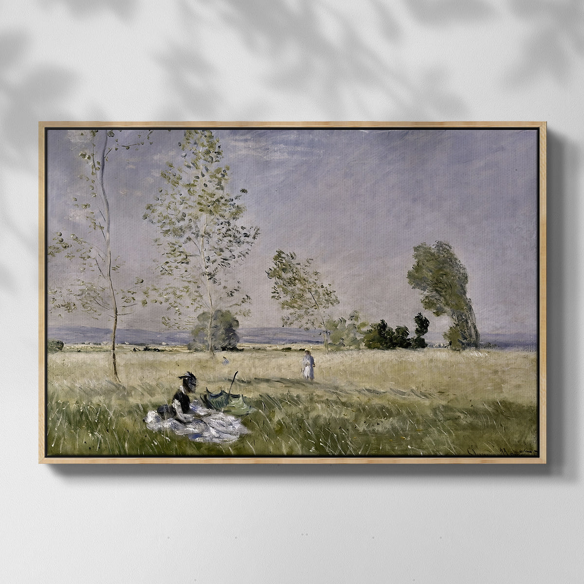 Front view of Summer (L'ete), 1874 by Claude Monet in a natural wood floater framed canvas.
