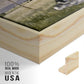 Close-up of the natural wood floater frame corner and gallery wrapped canvas construction.