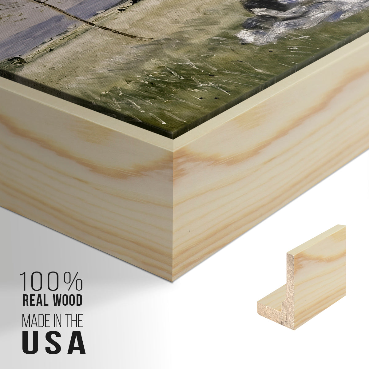 Close-up of the natural wood floater frame corner and gallery wrapped canvas construction.