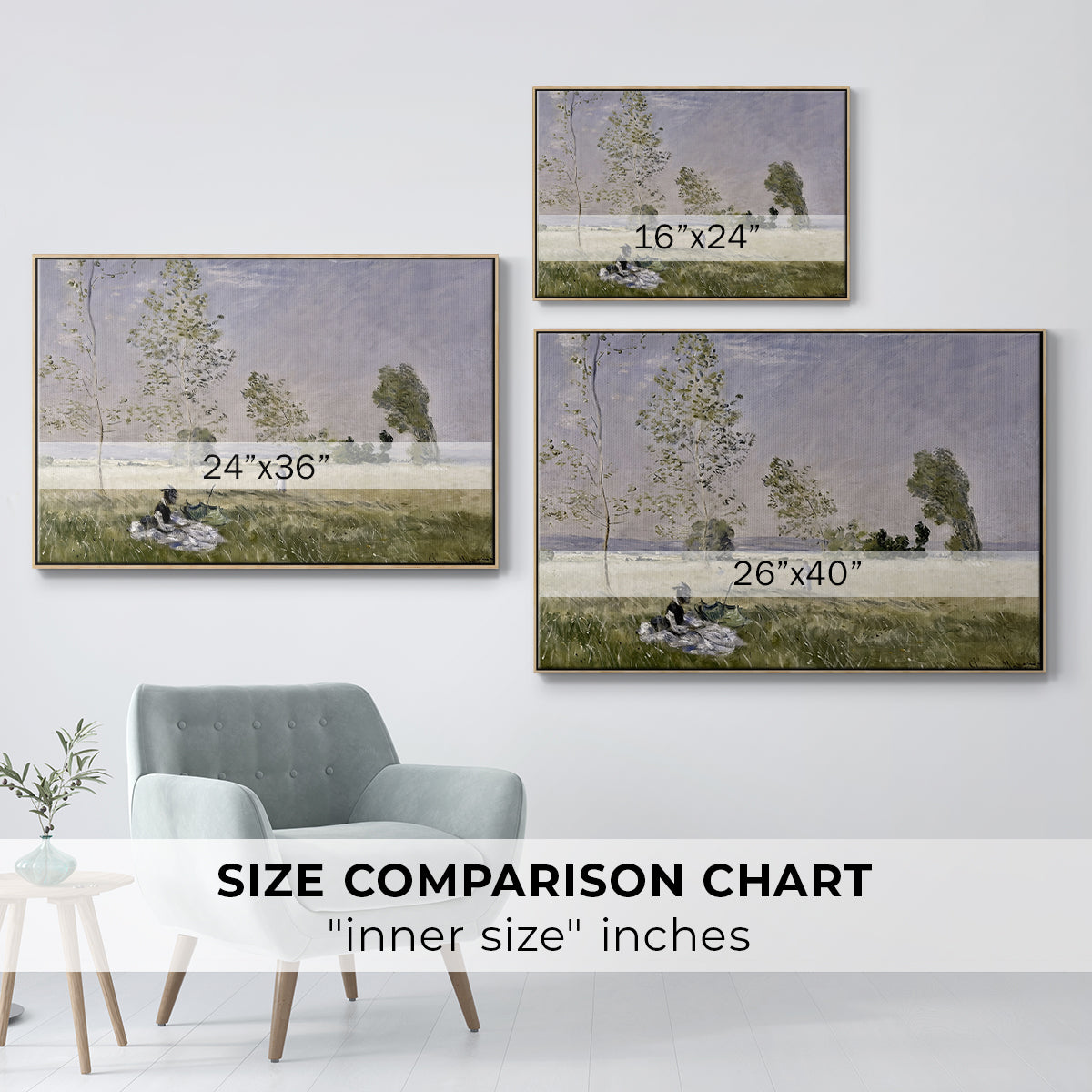 Size comparison chart for natural wood floater framed canvas featuring Summer (L'ete), 1874 by Claude Monet.