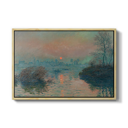 Sunset on the Seine at Lavacourt, Winter Effect, 1880 by Claude Monet in a natural wood floater framed canvas wall art display.