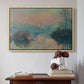 Natural wood floater framed canvas featuring Sunset on the Seine at Lavacourt, Winter Effect, 1880 by Claude Monet above an entryway table in a minimalist foyer.