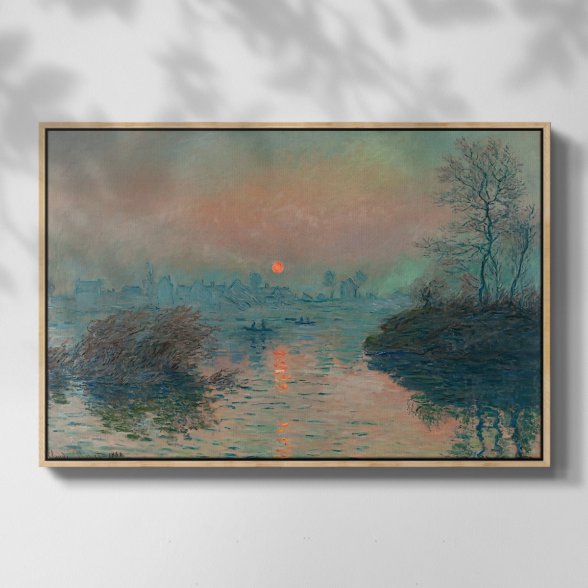 Front view of Sunset on the Seine at Lavacourt, Winter Effect, 1880 by Claude Monet in a natural wood floater framed canvas.