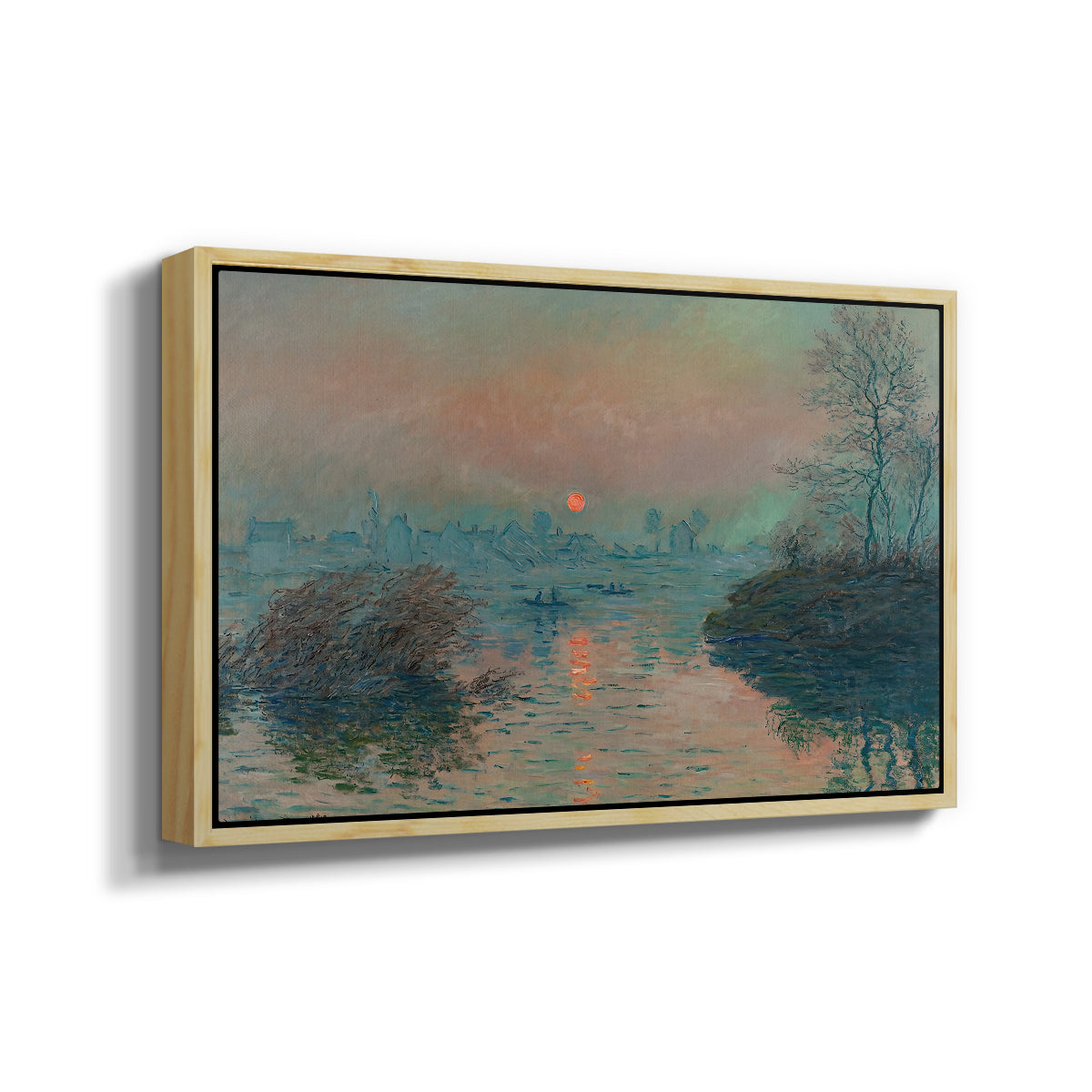 Angled view of Sunset on the Seine at Lavacourt, Winter Effect, 1880 by Claude Monet in a natural wood floater framed canvas.