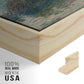 Close-up of the natural wood floater frame corner and gallery wrapped canvas construction.