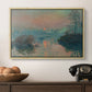 Sunset on the Seine at Lavacourt, Winter Effect, 1880 by Claude Monet in a natural wood floater framed canvas displayed above a console table in a hallway, featuring an atmospheric landscape combining cold tones and warm sky.