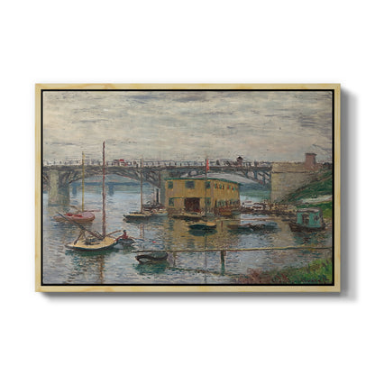 Bridge at Argenteuil on a Gray Day, c. 1876 by Claude Monet in a natural wood floater framed canvas wall art display.