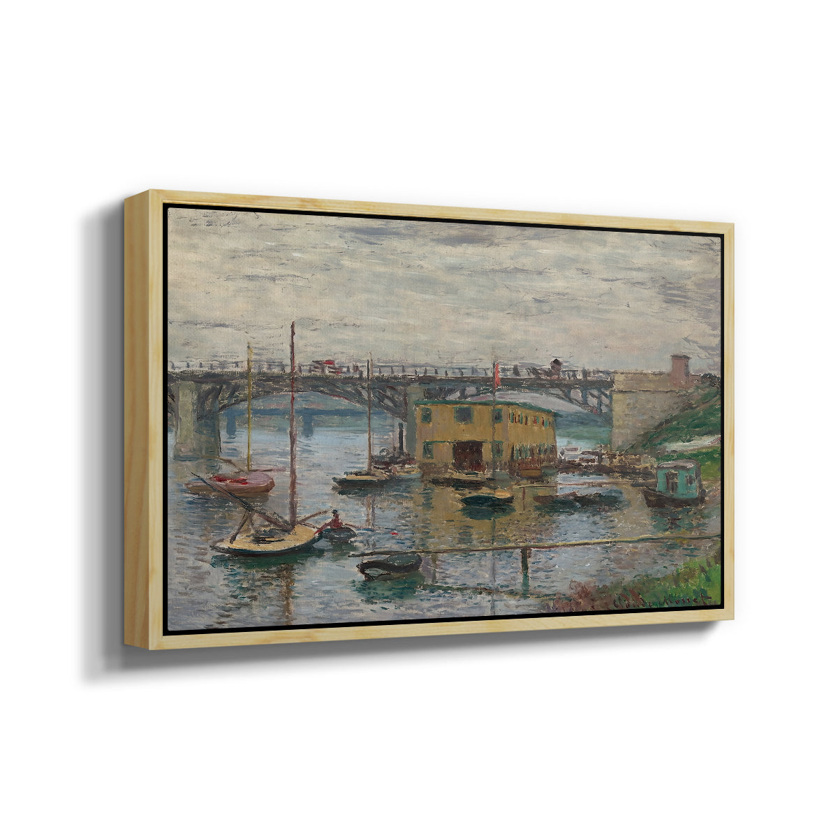 Angled view of Bridge at Argenteuil on a Gray Day, c. 1876 by Claude Monet in a natural wood floater framed canvas.
