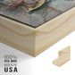 Close-up of the natural wood floater frame corner and gallery wrapped canvas construction.