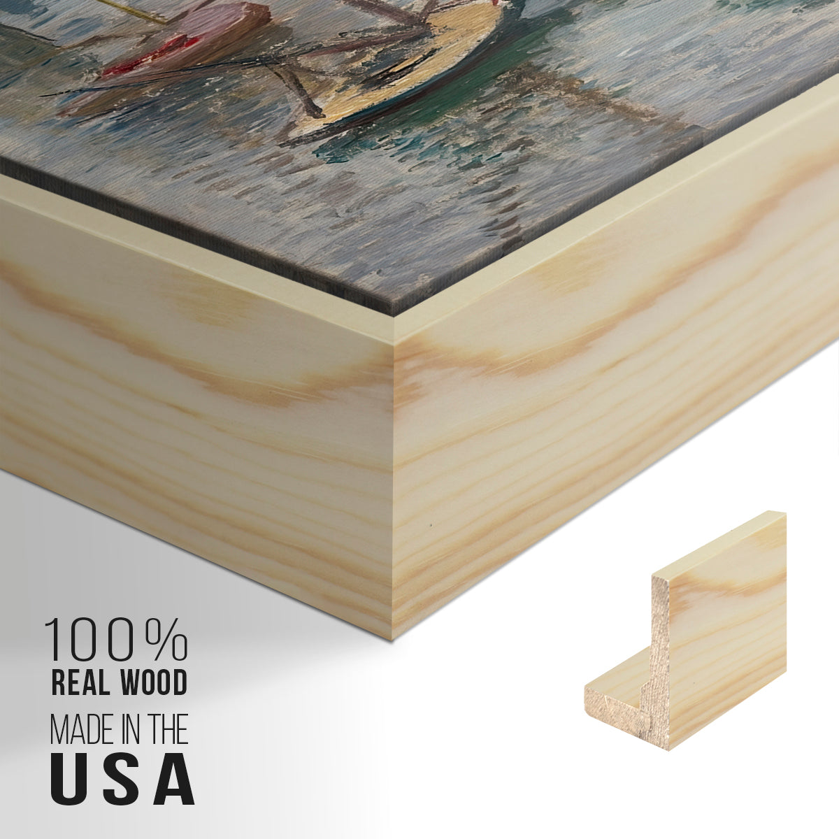 Close-up of the natural wood floater frame corner and gallery wrapped canvas construction.