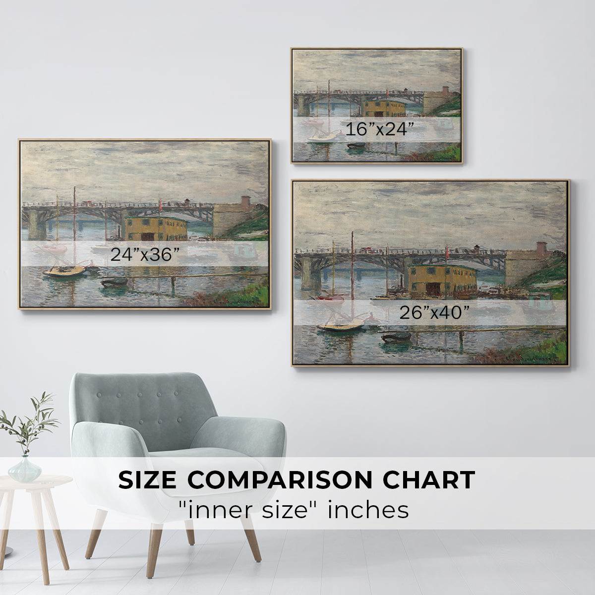 Size comparison chart for natural wood floater framed canvas featuring Bridge at Argenteuil on a Gray Day, c. 1876 by Claude Monet.