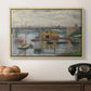 Bridge at Argenteuil on a Gray Day, c. 1876 by Claude Monet in a natural wood floater framed canvas displayed above a console table in a hallway, featuring a subdued urban landscape with structure spanning river.
