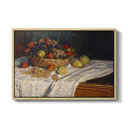 Still Life with Apples and Grapes, 1880 by Claude Monet in a natural wood floater framed canvas wall art display.
