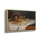 Angled view of Still Life with Apples and Grapes, 1880 by Claude Monet in a natural wood floater framed canvas.
