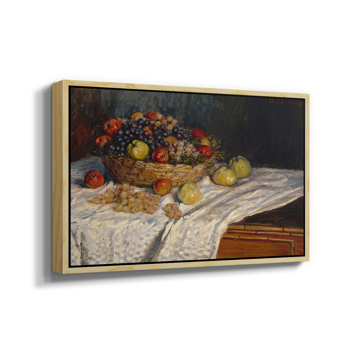 Angled view of Still Life with Apples and Grapes, 1880 by Claude Monet in a natural wood floater framed canvas.