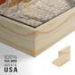 Close-up of the natural wood floater frame corner and gallery wrapped canvas construction.