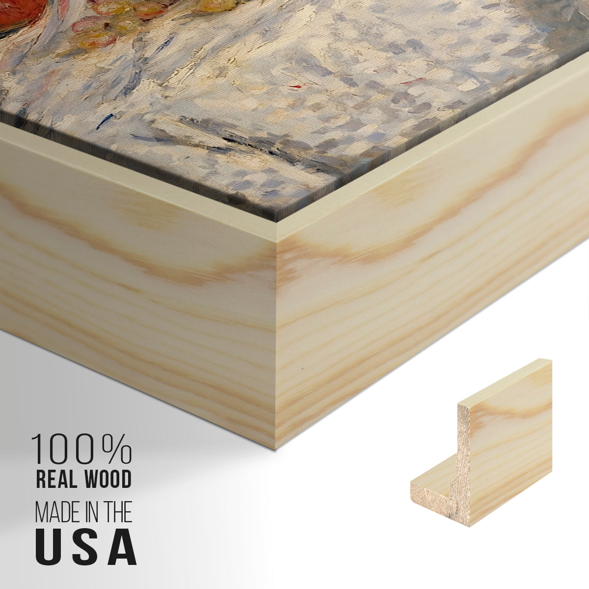 Close-up of the natural wood floater frame corner and gallery wrapped canvas construction.
