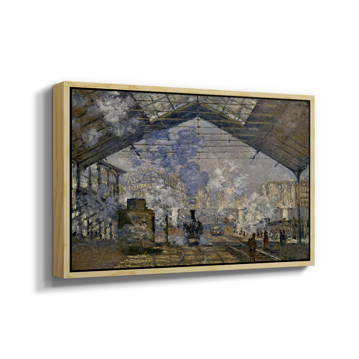 Angled view of The Gare Saint-Lazare, 1877 by Claude Monet in a natural wood floater framed canvas.