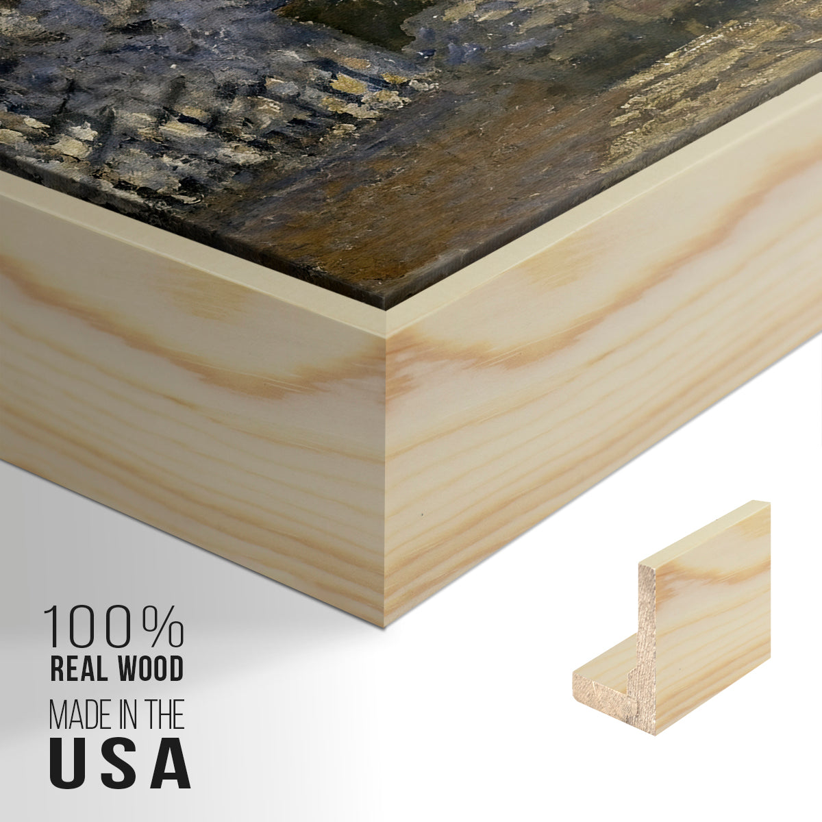 Close-up of the natural wood floater frame corner and gallery wrapped canvas construction.