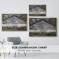 Size comparison chart for natural wood floater framed canvas featuring The Gare Saint-Lazare, 1877 by Claude Monet.