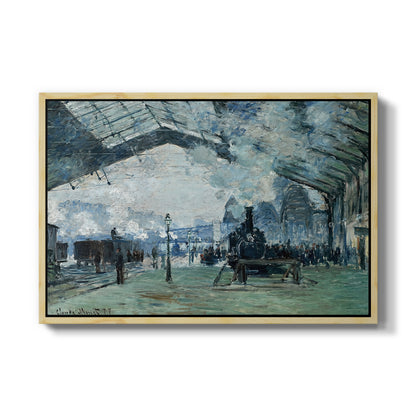 The Saint-Lazare Station, 1877 by Claude Monet in a natural wood floater framed canvas wall art display.
