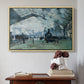 Natural wood floater framed canvas featuring The Saint-Lazare Station, 1877 by Claude Monet above an entryway table in a minimalist foyer.