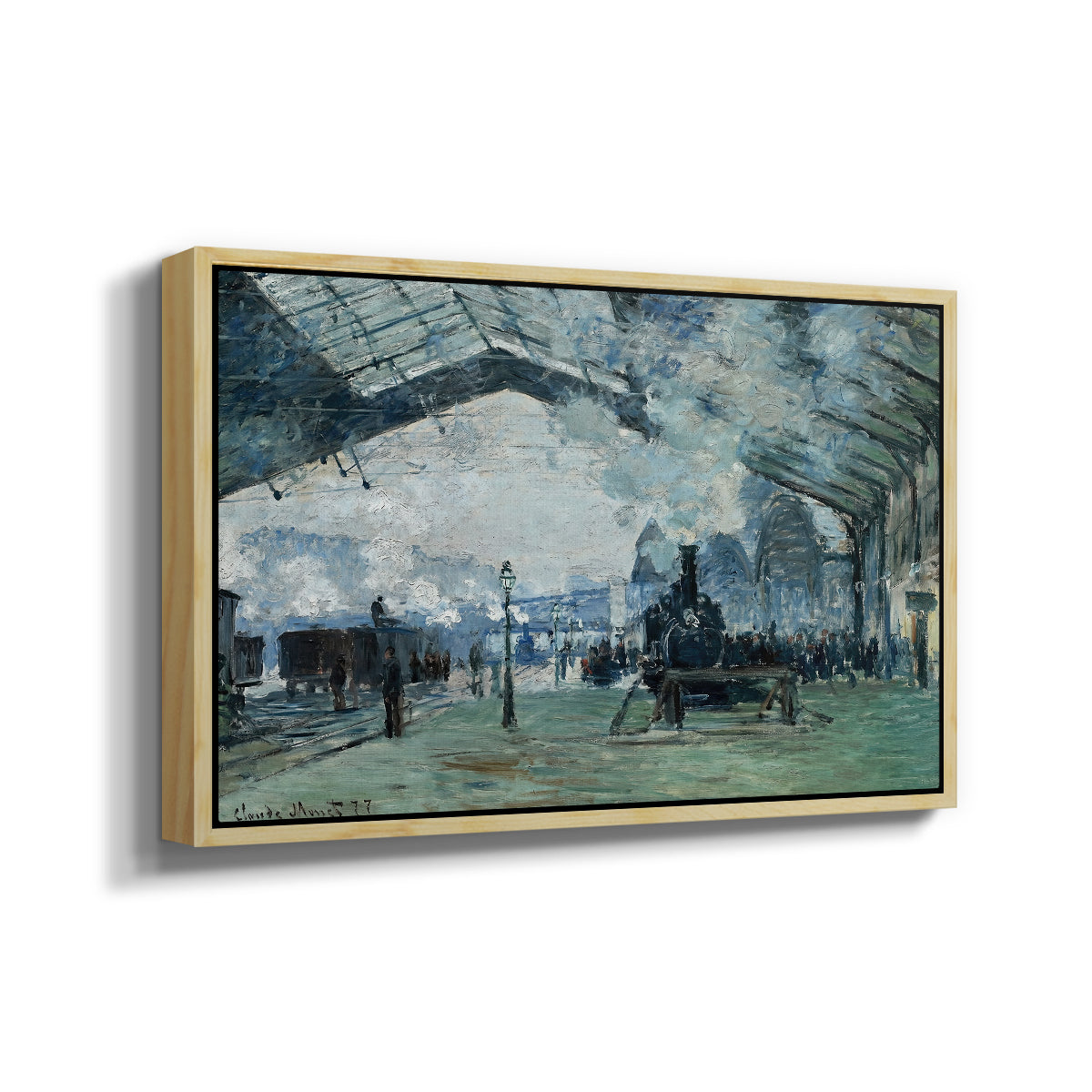 Angled view of The Saint-Lazare Station, 1877 by Claude Monet in a natural wood floater framed canvas.
