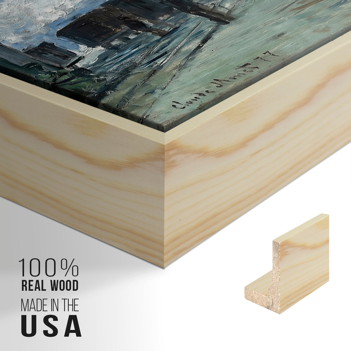 Close-up of the natural wood floater frame corner and gallery wrapped canvas construction.