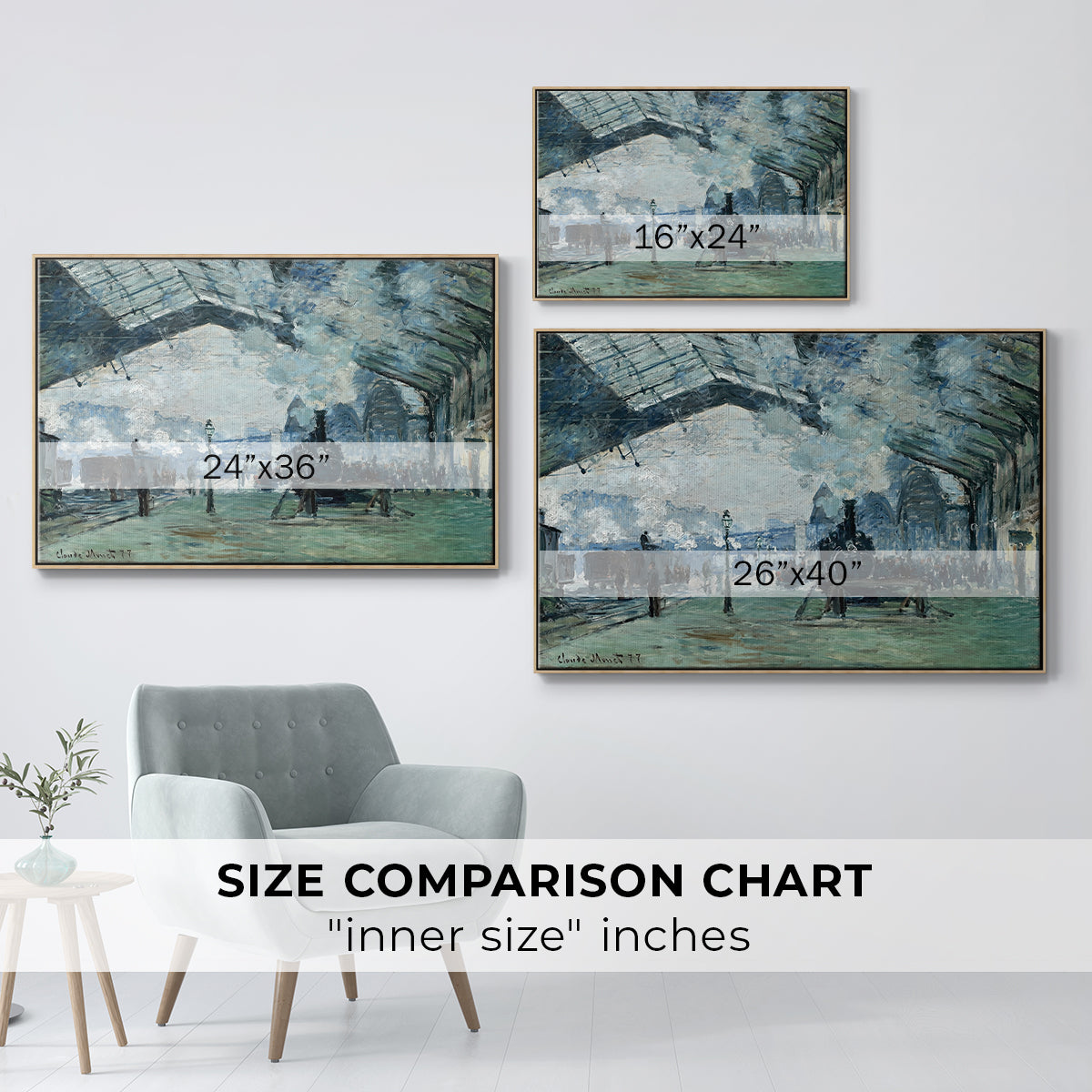 Size comparison chart for natural wood floater framed canvas featuring The Saint-Lazare Station, 1877 by Claude Monet.