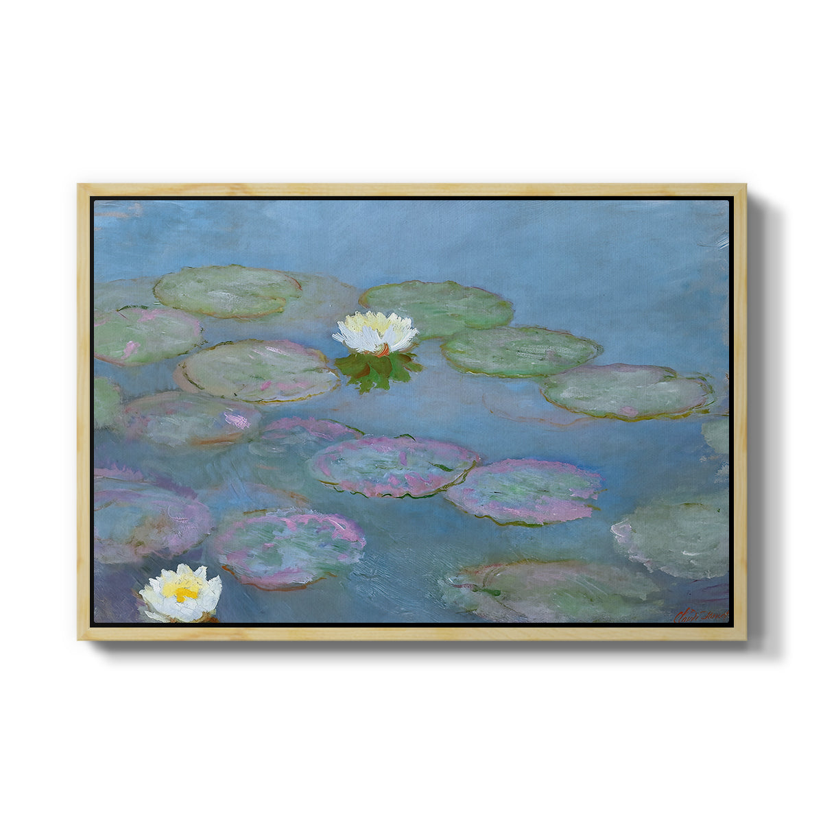 Water Lilies (Nymphéas), 1897-1899 by Claude Monet in a natural wood floater framed canvas wall art display.