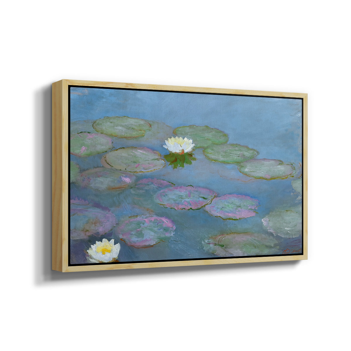 Angled view of Water Lilies (Nymphéas), 1897-1899 by Claude Monet in a natural wood floater framed canvas.