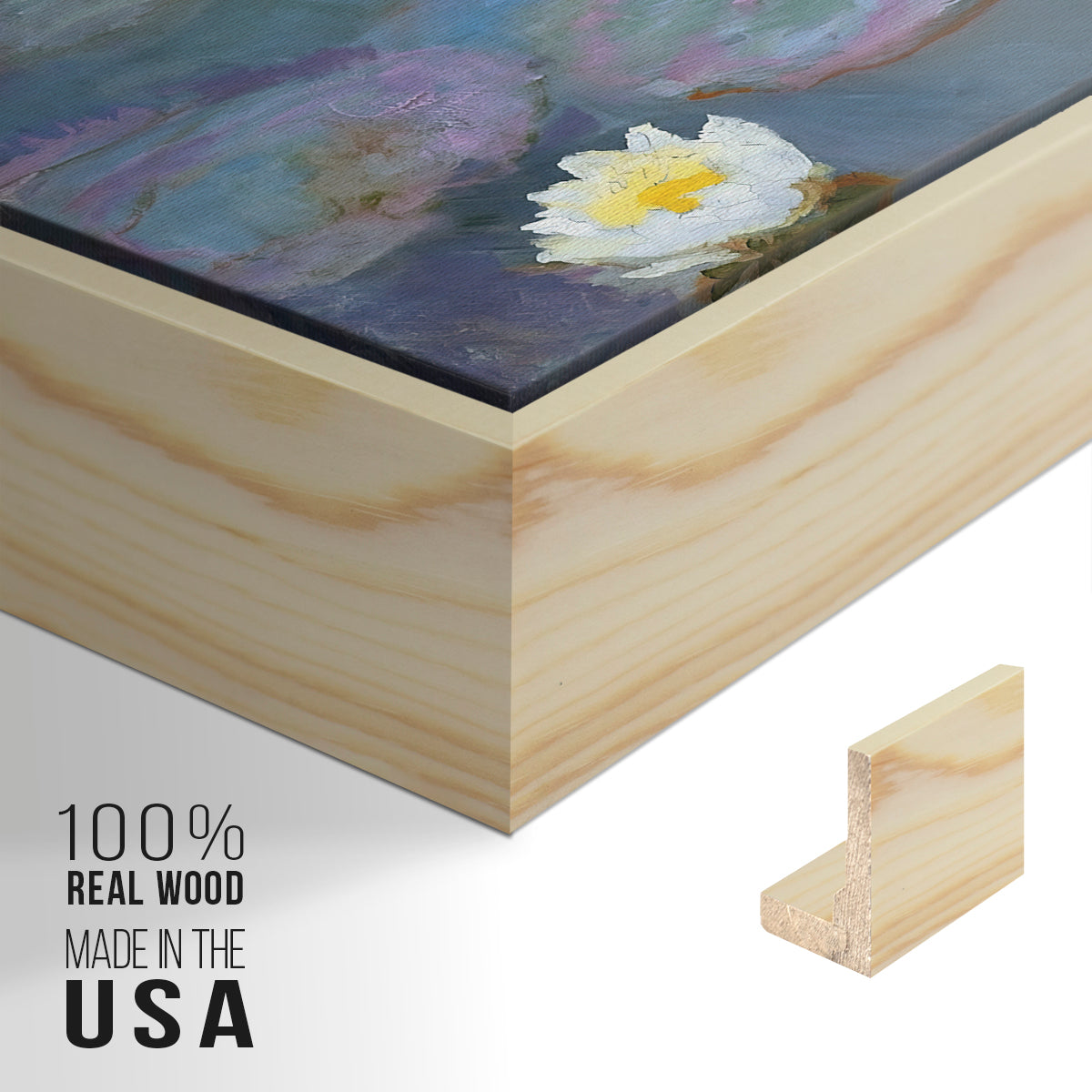 Close-up of the natural wood floater frame corner and gallery wrapped canvas construction.