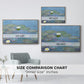 Size comparison chart for natural wood floater framed canvas featuring Water Lilies (Nymphéas), 1897-1899 by Claude Monet.