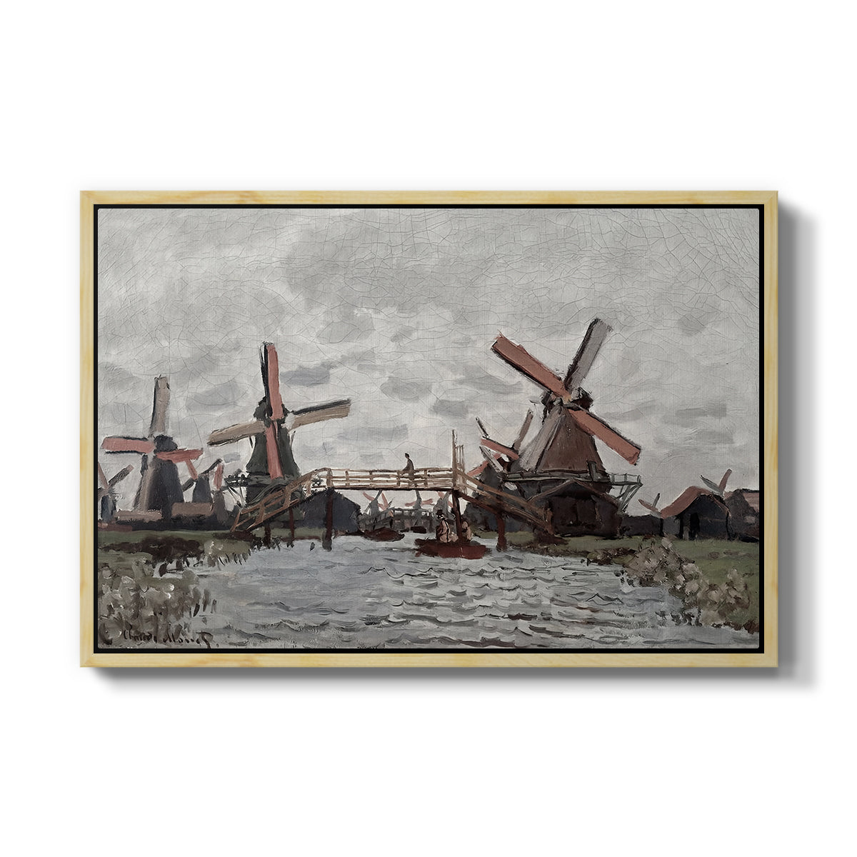 Windmills near Zaandam, 1871 by Claude Monet in a natural wood floater framed canvas wall art display.