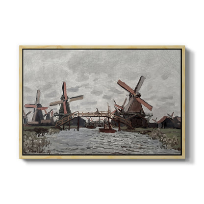 Windmills near Zaandam, 1871 by Claude Monet in a natural wood floater framed canvas wall art display.