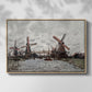 Front view of Windmills near Zaandam, 1871 by Claude Monet in a natural wood floater framed canvas.