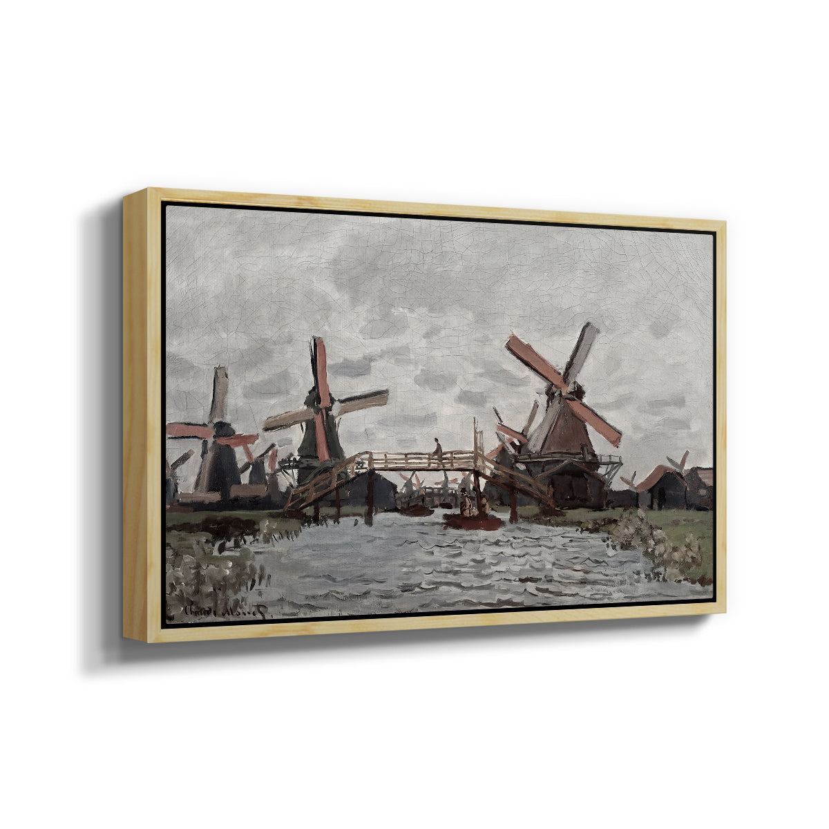 Angled view of Windmills near Zaandam, 1871 by Claude Monet in a natural wood floater framed canvas.