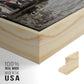 Close-up of the natural wood floater frame corner and gallery wrapped canvas construction.