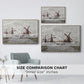 Size comparison chart for natural wood floater framed canvas featuring Windmills near Zaandam, 1871 by Claude Monet.