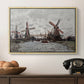 Windmills near Zaandam, 1871 by Claude Monet in a natural wood floater framed canvas displayed above a console table in a hallway, featuring a landscape featuring windmills and low horizon sky.