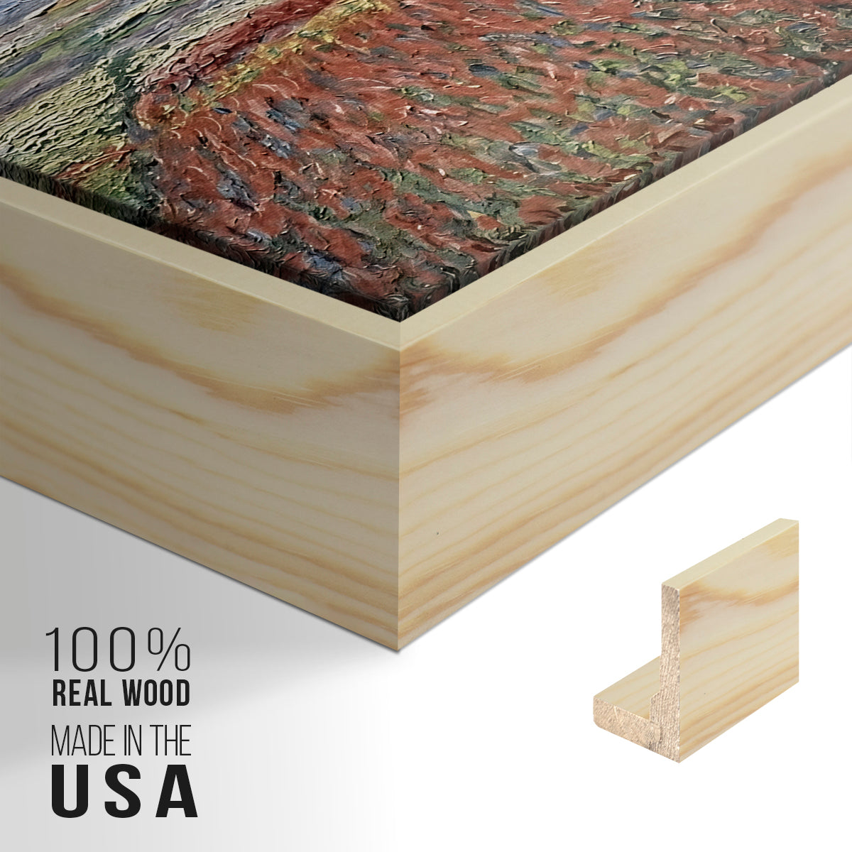 Close-up of the natural wood floater frame corner and gallery wrapped canvas construction.