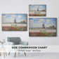 Size comparison chart for natural wood floater framed canvas featuring Tulip Fields with the Rijnsburg Windmill, 1886 by Claude Monet.
