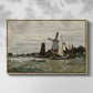 Front view of Windmill at Zaandam, 1871 by Claude Monet in a natural wood floater framed canvas.
